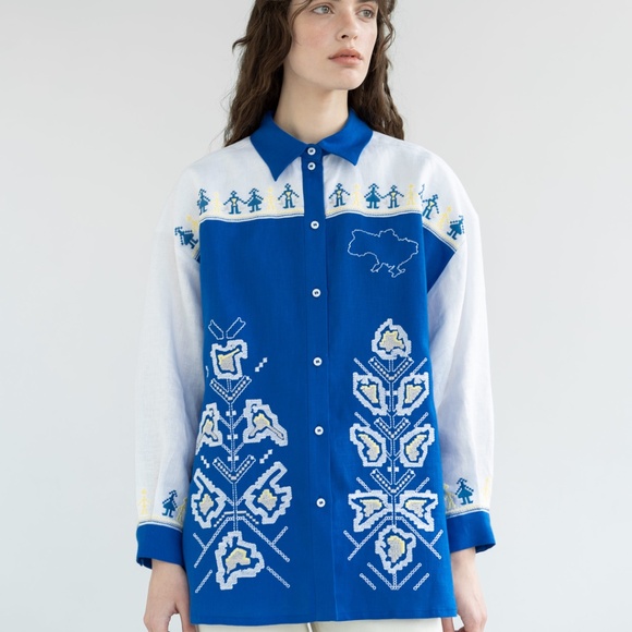 etnodim Tops - Ukrainian Blue and White Embroidered Unisex Oversized Linen Shirt Vyshyvanka L